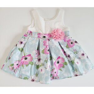Toddler Flower Dress With Floral Print & Pink Flower Accent Size 18 months